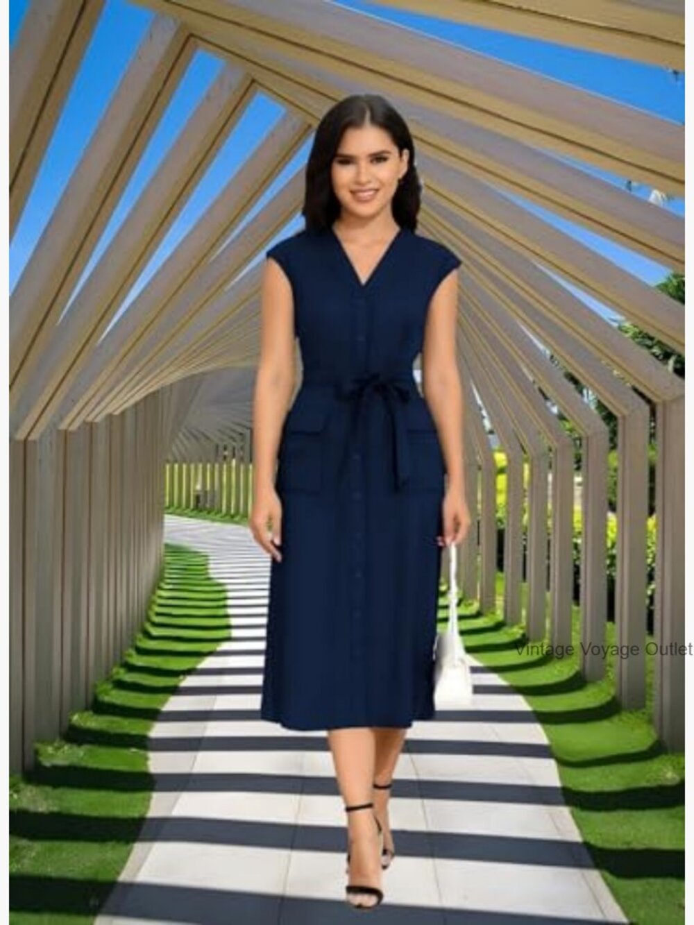 V Neck Button Down Swing Midi Shirt Dress with Pockets - Picture 3 of 6